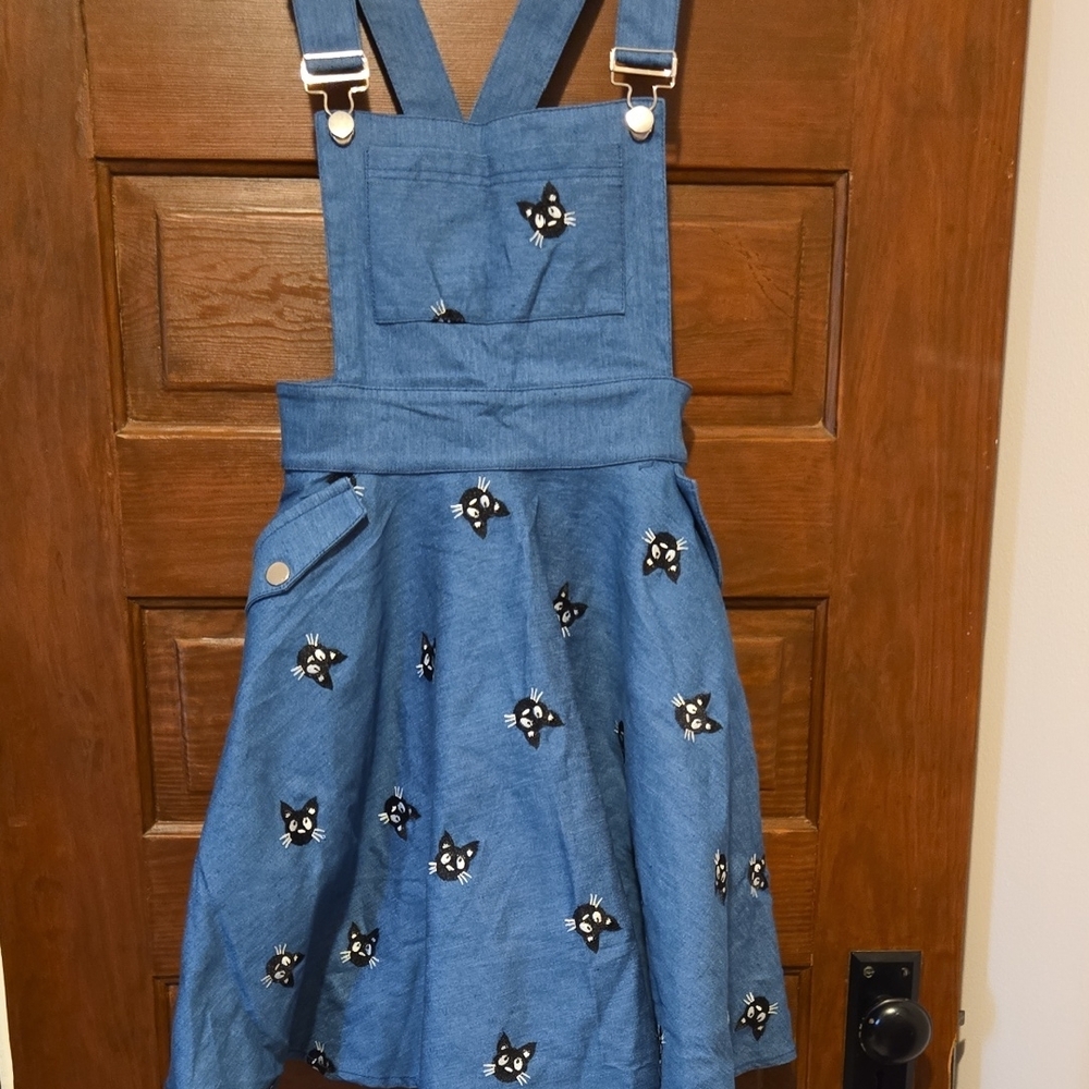 Unique Vintage Denim Blue Dress with Cat Design